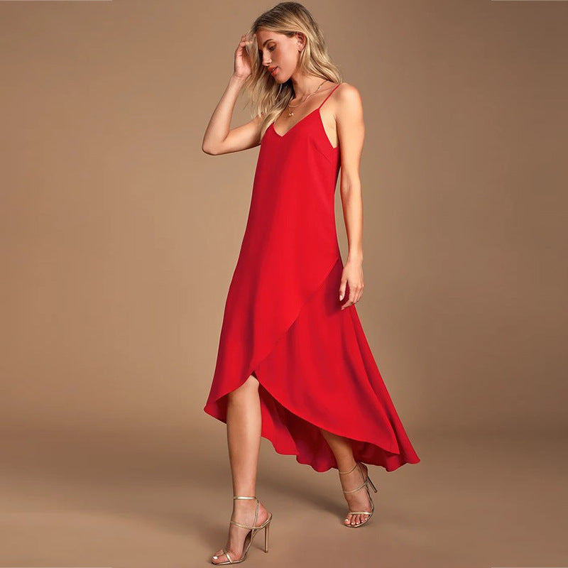 Fashionable Women's Suspender Lotus Leaf Dress
