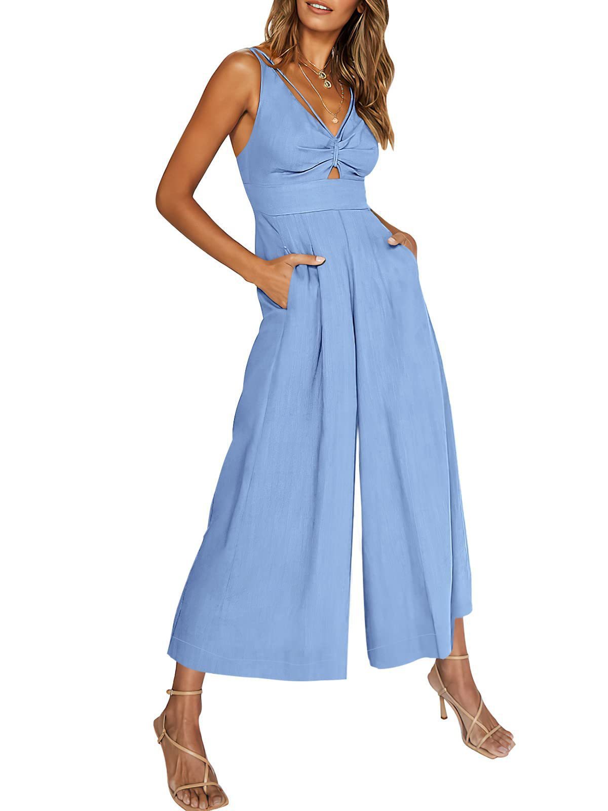 Combinaison d'été à col en V et bretelles ajourées, plissée, taille haute, jambes larges, poches pour femmes
