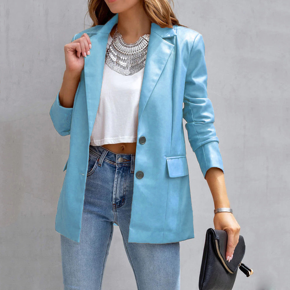Cardigan boutonné à manches longues en PU pour femme