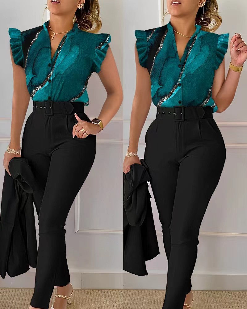 Ensemble haut et pantalon imprimé à manches volantées et ceinture, couleur unie