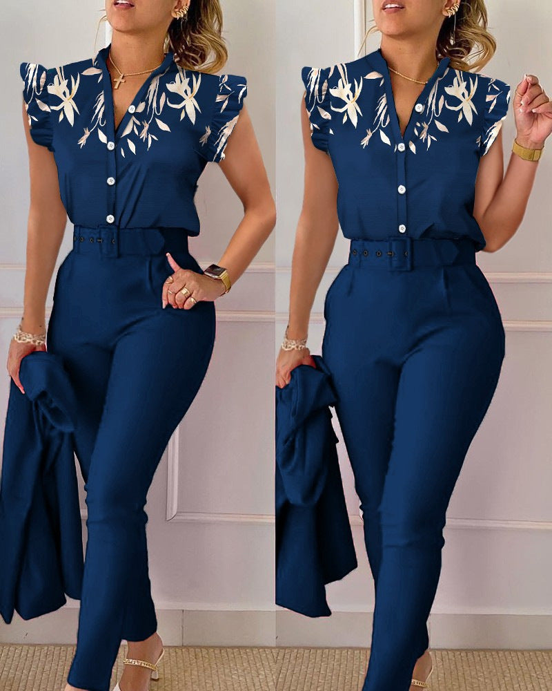 Ensemble haut et pantalon imprimé à manches volantées et ceinture, couleur unie