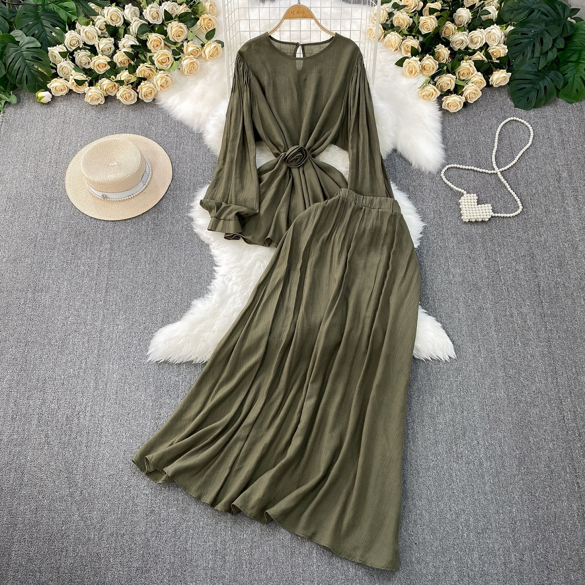 French Style Women's Temperament Twinset Design Sense Lace-up Waist-controlled Fashionable Long Sleeve