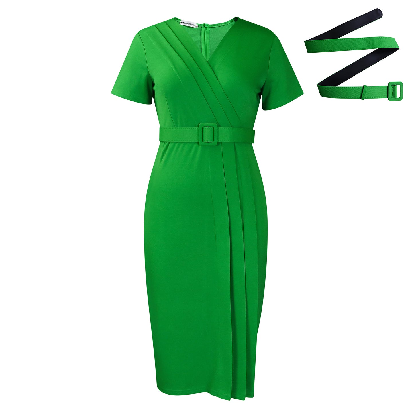 Robe de ville à manches courtes et col en V pour femme, taille ajustée, couleur unie