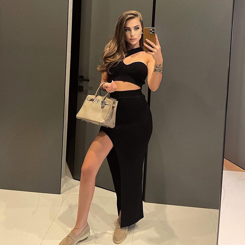 Summer Fashion Temperament Slim Fit Spicy Girl Outfit Solid Color Slit Thread Skirt Set