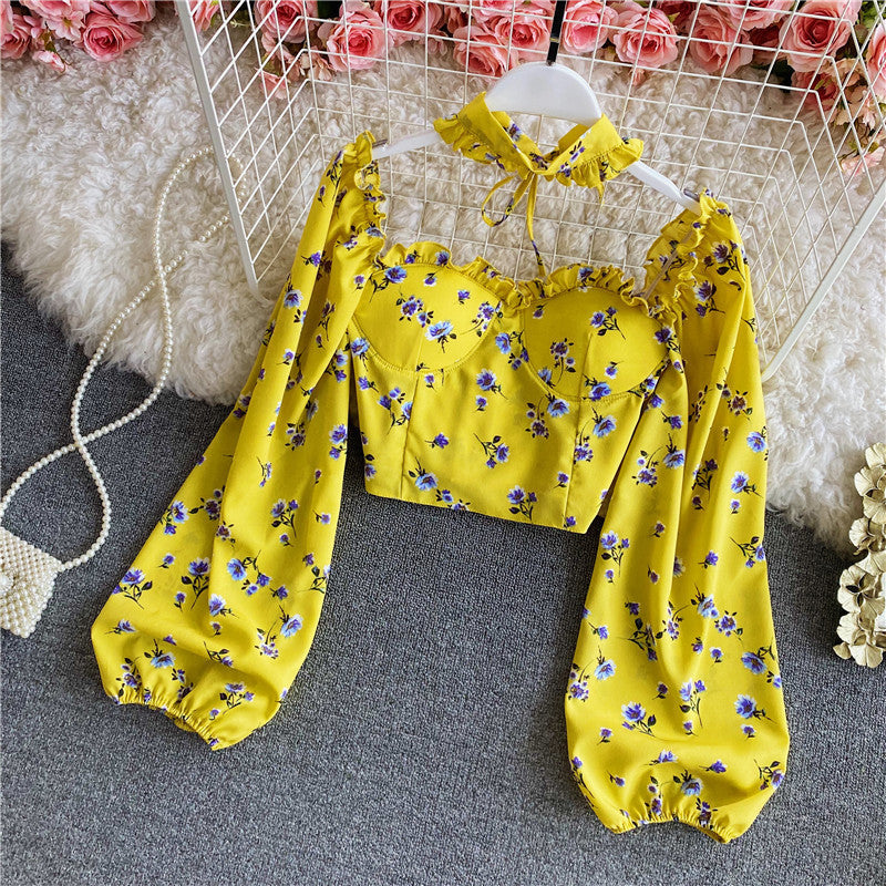 Short Puff Sleeve High Waist Crop Top Women's Clothing