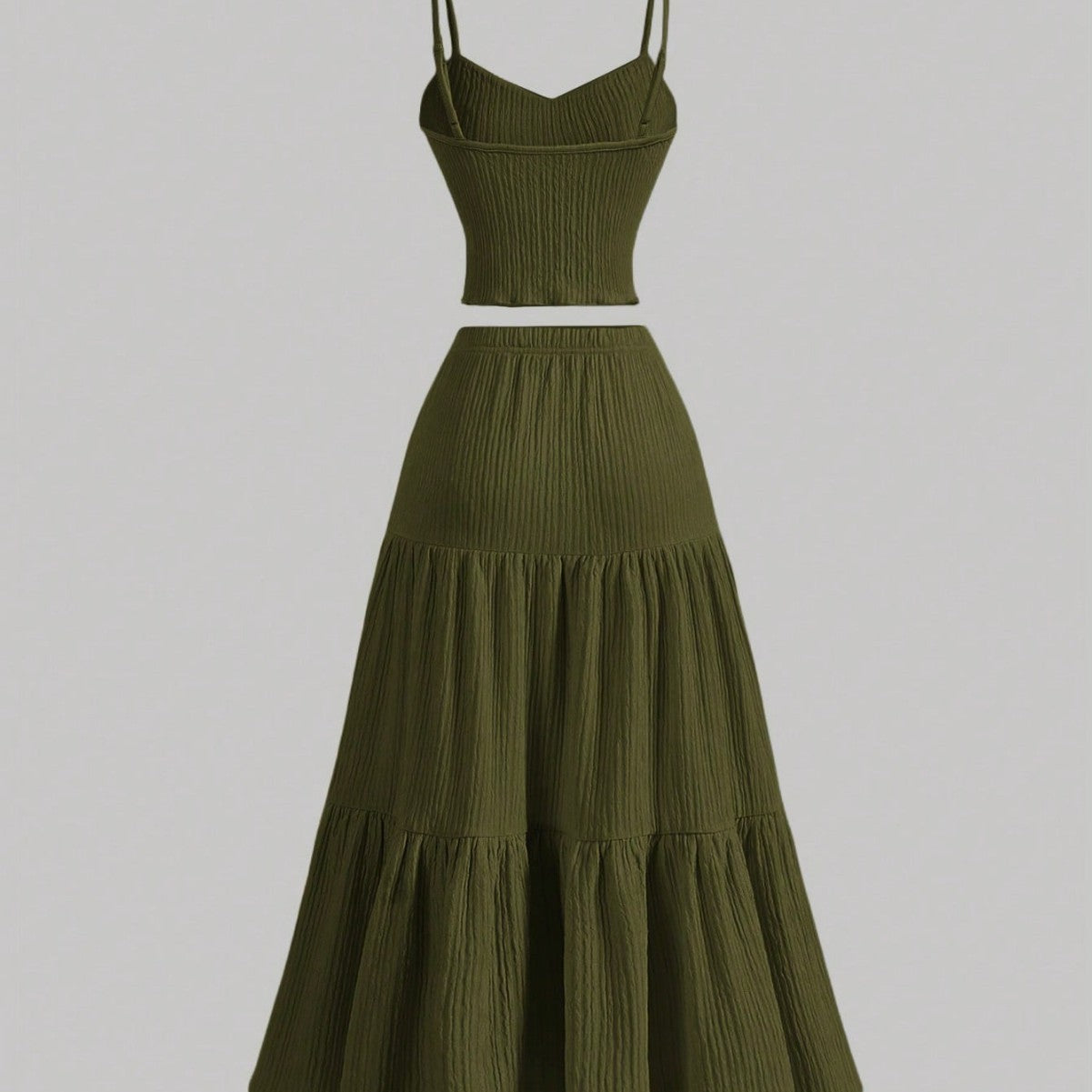 Casual Solid Color Ribbed Fit Vest Top And Ruched Hem A- Line Skirt
