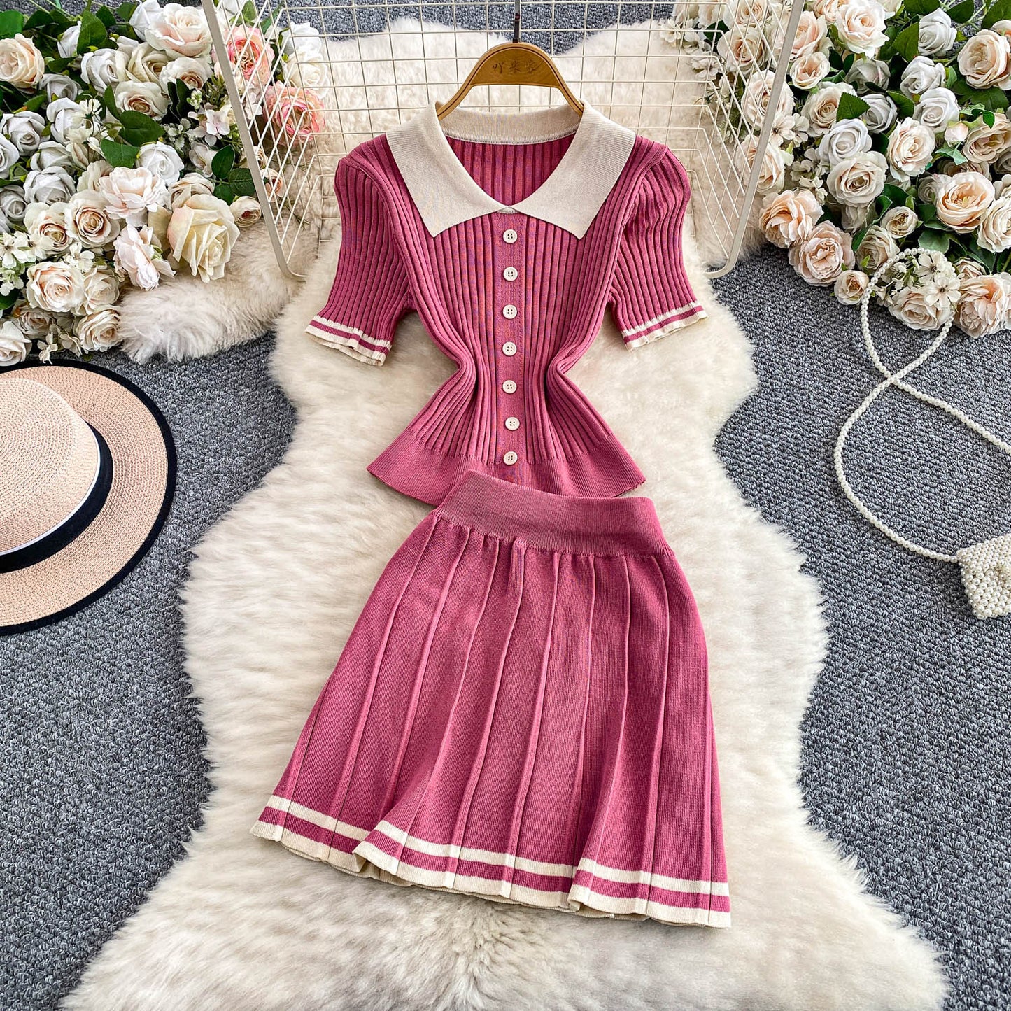 Contrast-color Button-front Top With A High-waisted Skirt