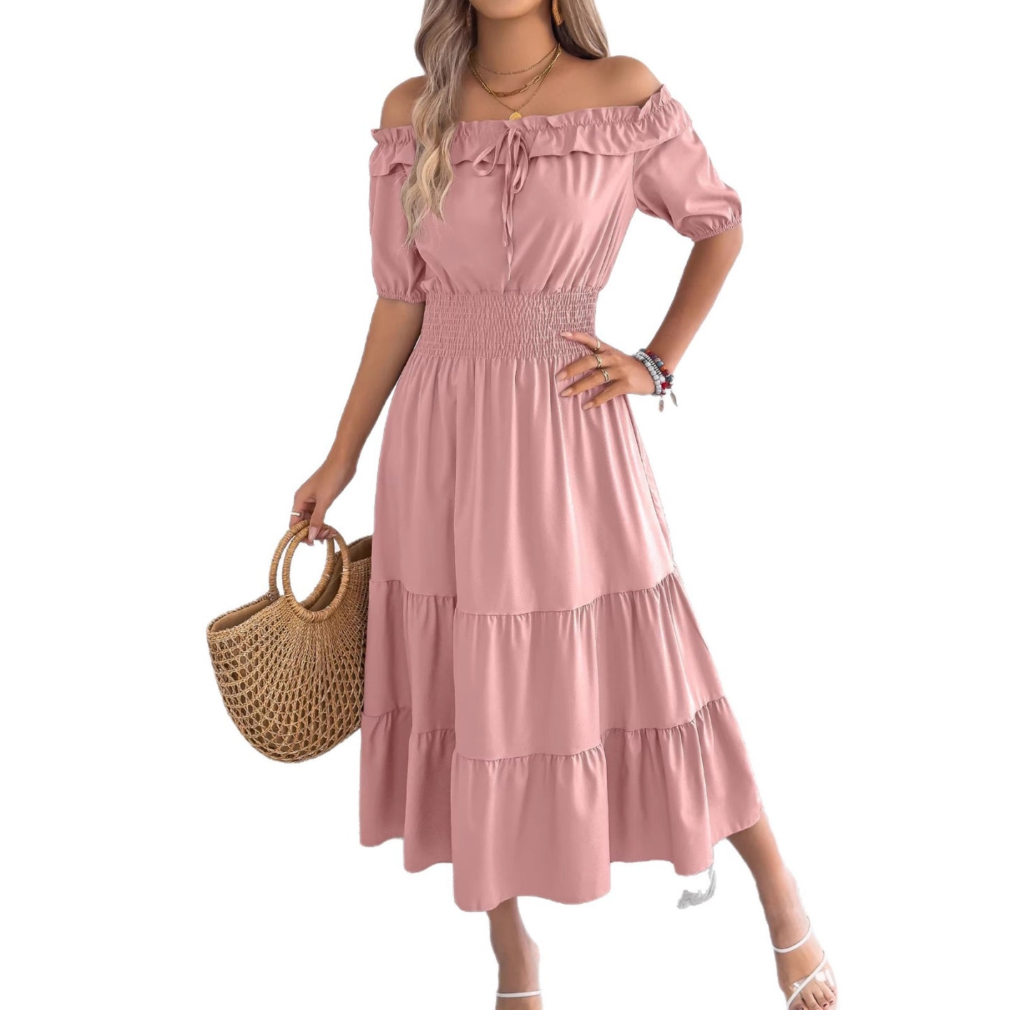 Casual Off-shoulder Ruffled Short-sleeve Belted Waistline Maxi Dress