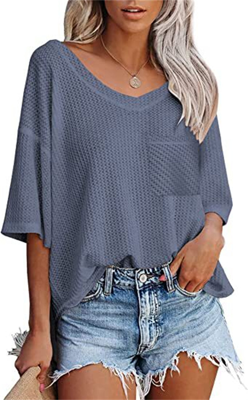 Women's Temperament Fashion V-neck Pocket Short-sleeved T-shirt