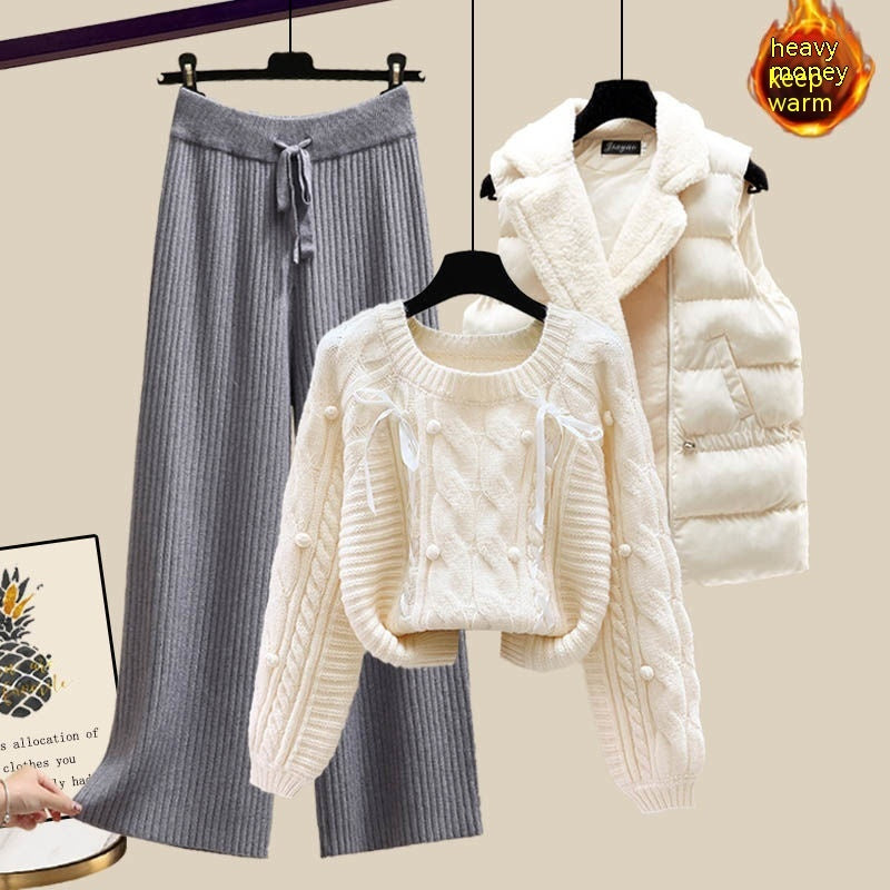 Ensemble trois pièces pour femme, gilet, pull épais, pantalon large