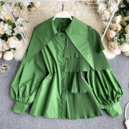 Fried Street Design Puff Sleeve Pleated Ruffle Blouse Women