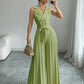 Suit Collar Bow Tie Belted Waist Pleated Jumpsuit