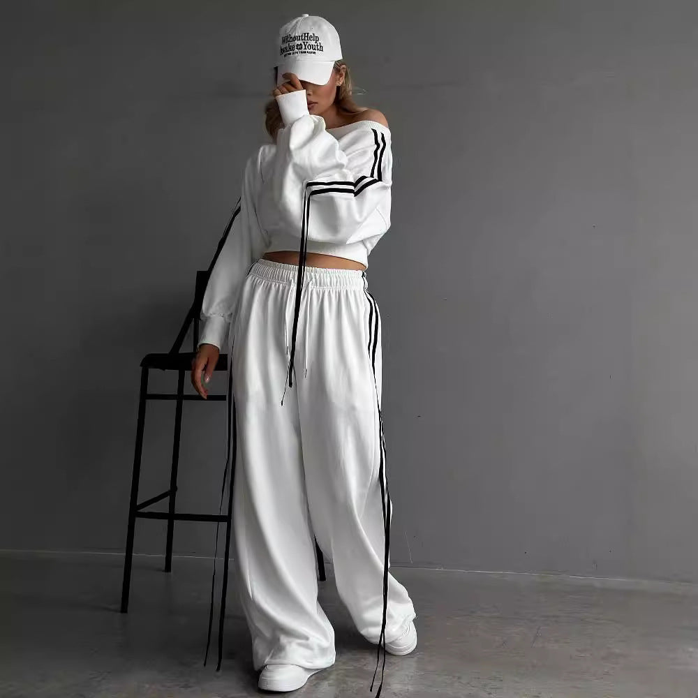 Fashion Casual Set Autumn And Winter Sports Two-piece Ribbon Pullover Sweater High Waist Loose Trousers