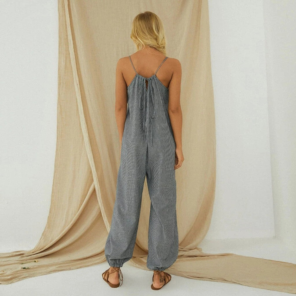 Sling romper pocket cotton and linen stripes