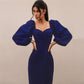 Waist puff sleeve stretch cotton dress