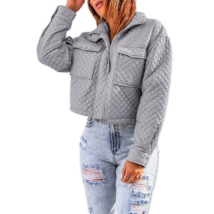 Women's Casual Long Sleeve Lapel Solid Color Loose Zipper Cropped Jacket