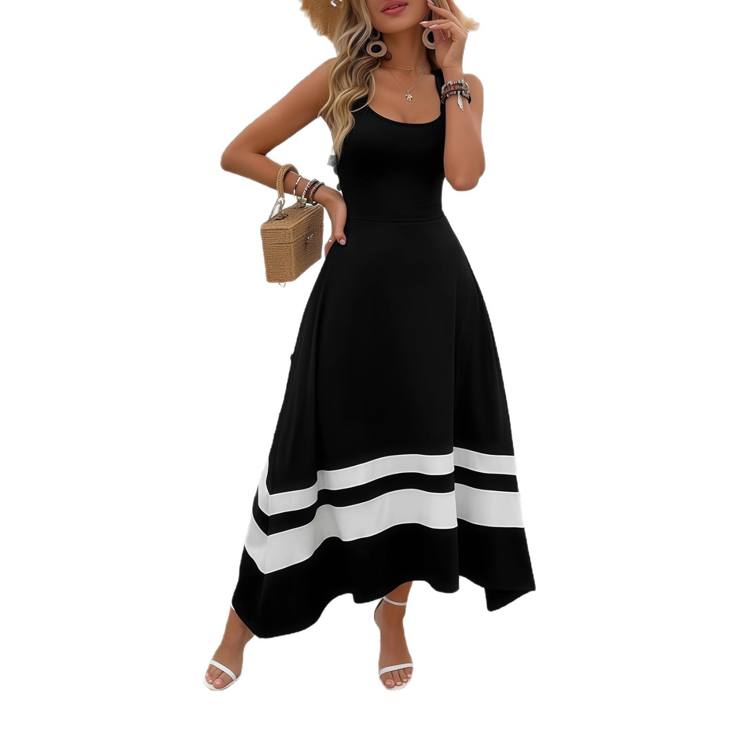 Black And White Long Dress With A Crossover Back