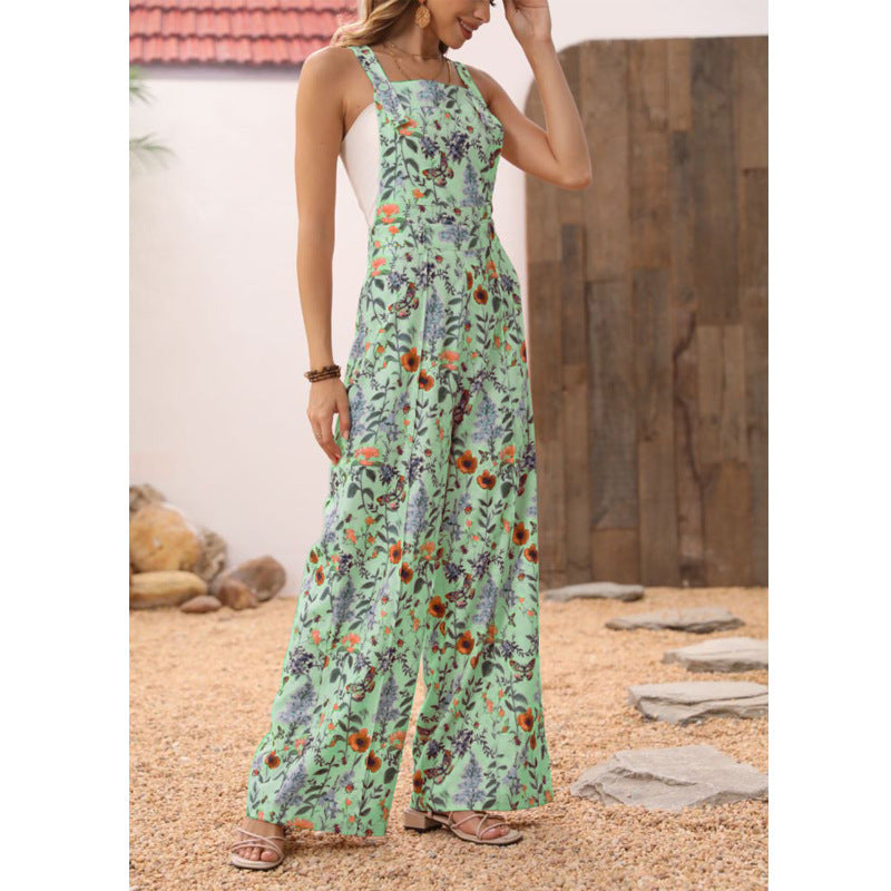 Cross-border Floral Print Button Wide Leg Jumpsuit Sale In Stock