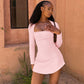 Lace Square Collar Long Sleeve Slim-fit Sheath Solid Color Dress