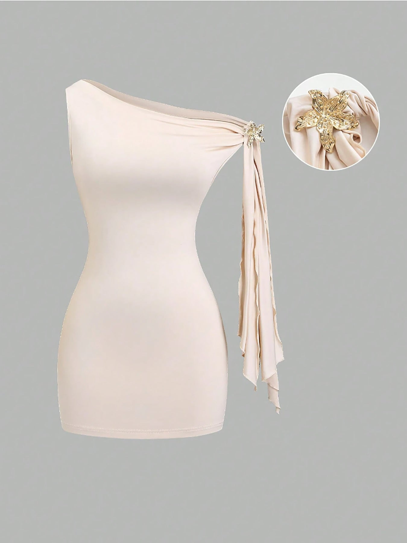 Slant-shoulder Metal-embellished Slimming Sexy Womens Outfit