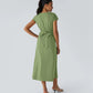 Solid Color Overlapping V-neck Short Sleeve Side Pocket Lace-up Quick-drying Mid-length Casual Dress