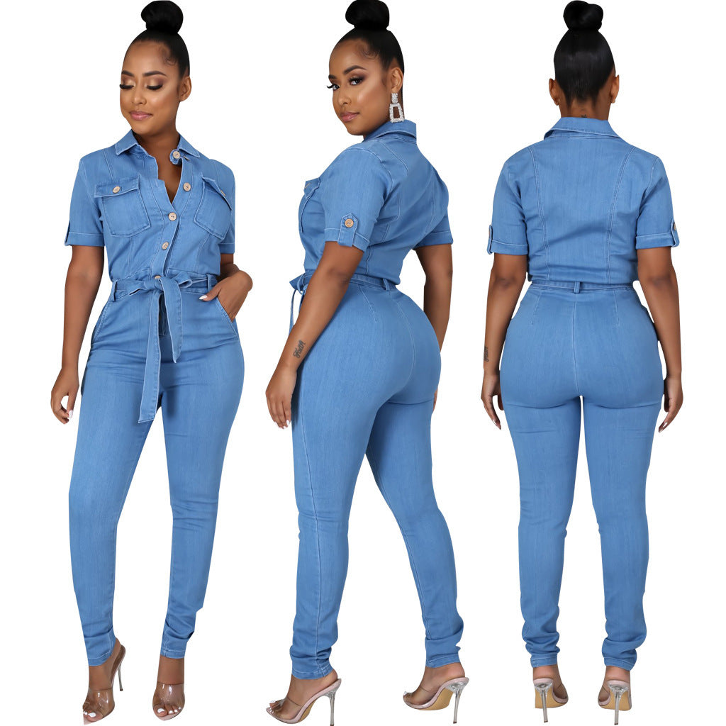 European And American Casual Fashion Denim Women's Slim Fit Jumpsuit