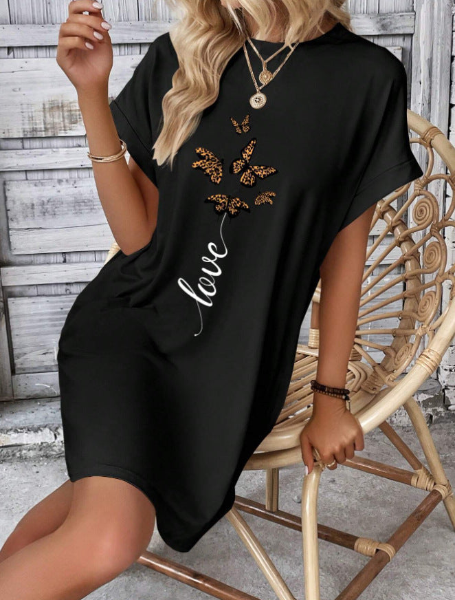 Butterfly And Letter Pattern Batwing Sleeve T-shirt Dress
