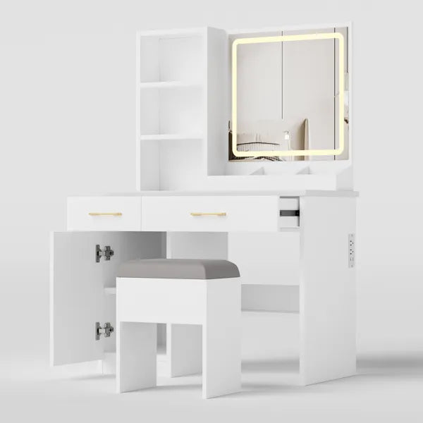 Makeup Vanity Desk With Mirror And Lights, White Vanity Table With Power Outlet And 3 Lighting Modes, Dressing Table Set With Cabinet Drawers Shelves And Storage Stool For Bedroom