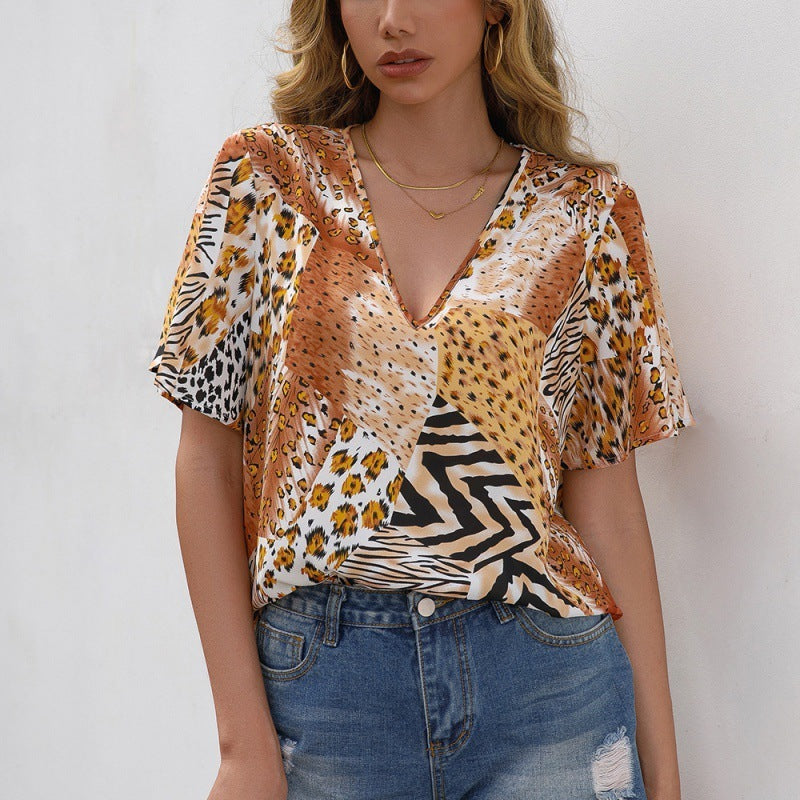 Loose Casual Leopard Print V-neck Short Sleeves