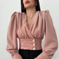 Puffy Sleeves Solid Color Pleated Shirt