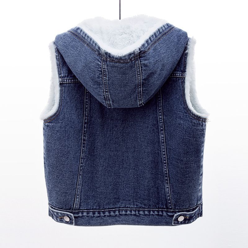 New Denim Vest Fleece-lined Thickened Slim Fit Hooded Cotton Jacket Warm Top Fashion