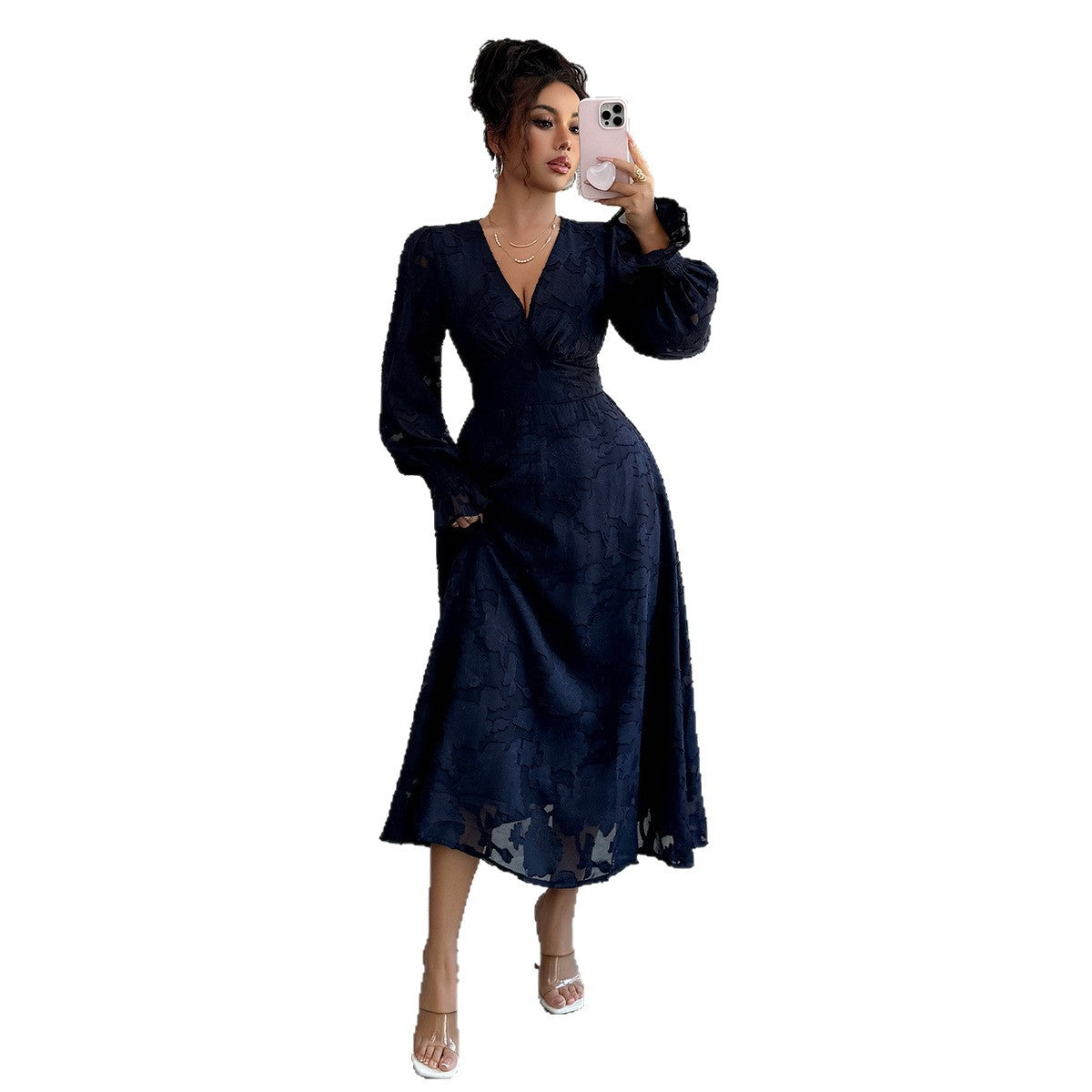 Elegant And Stylish Deep V Lace Long Sleeve Dress For Women