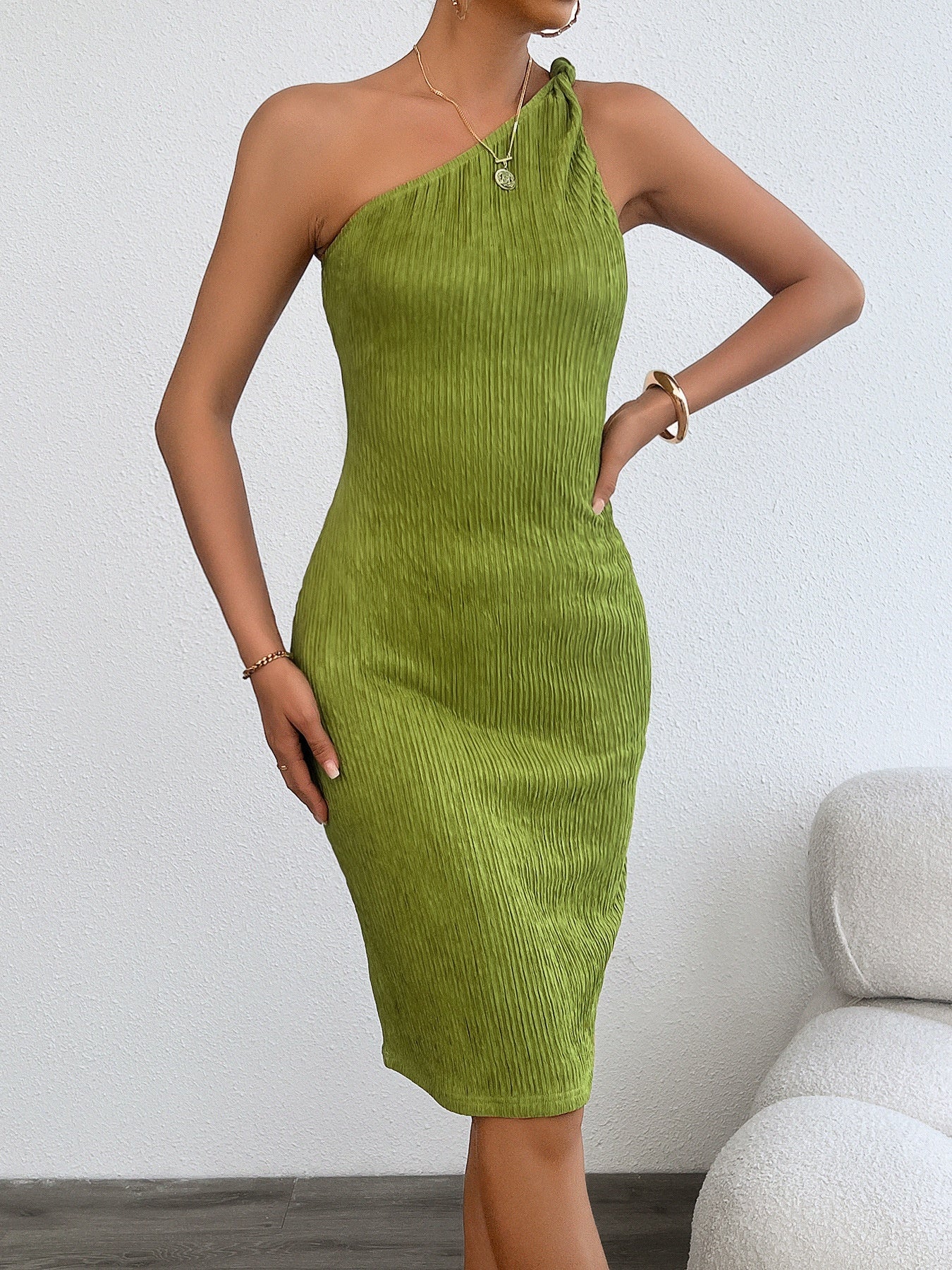 Womens Slant-Neck Off-Shoulder Sexy Slim-Fit Dress