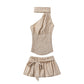 Socialite Style Pattern Printed Diagonal Shoulder Lace Up Slim Fit Slimming Suit Women