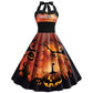 Robe d'Halloween imprimée tête de mort et toile d'araignée pour femme, jupe taille haute à bretelles
