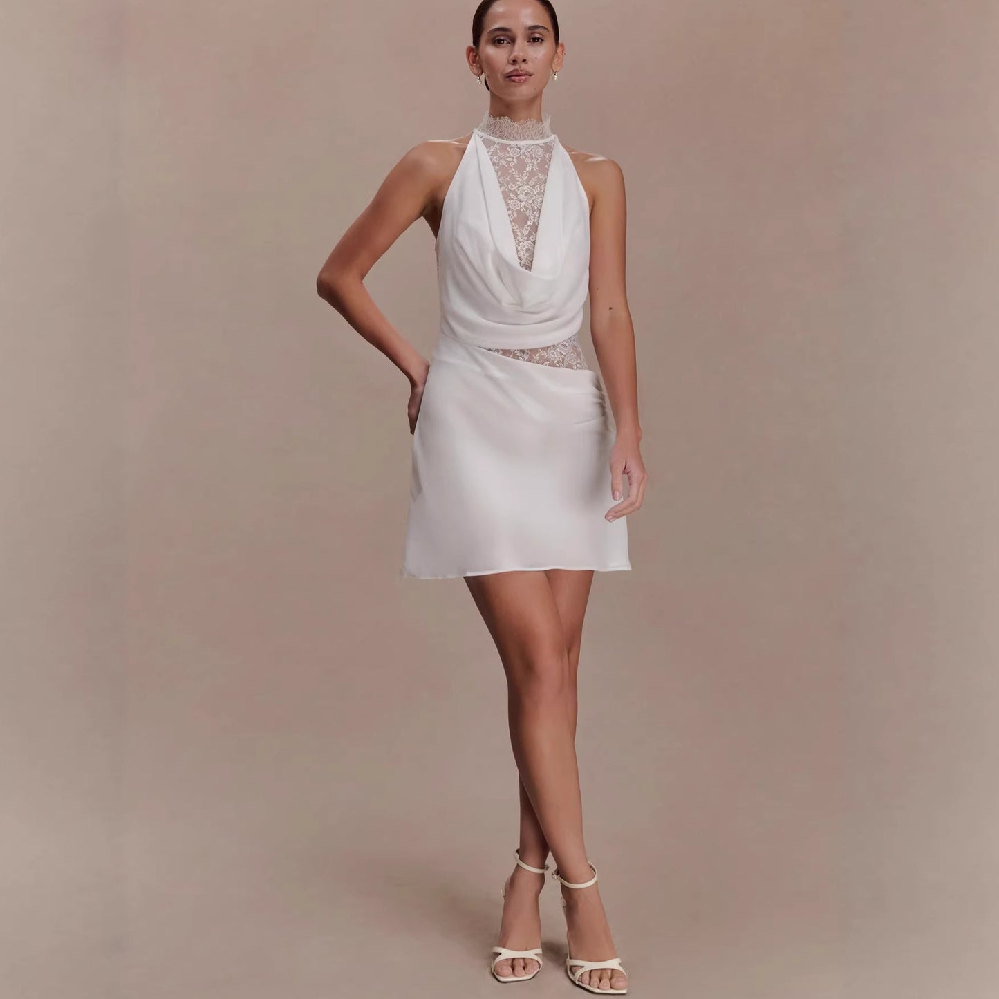 New Neck-hanging Lace-spliced Satin Dress Short Skirt