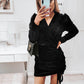 Puff Sleeve V Neck  Slim Pull Rope Wrap Hip Dress