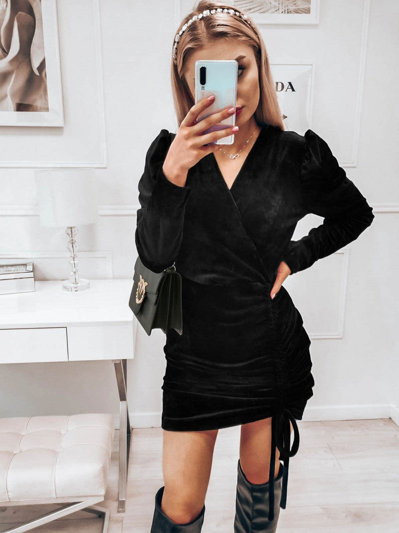 Puff Sleeve V Neck  Slim Pull Rope Wrap Hip Dress