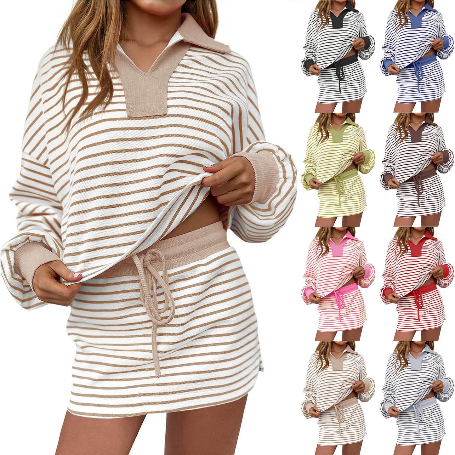 V-neck Short Skirt Set Loose Casual Two-piece
