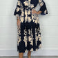 Elegant Printed Stand-up Collar Cinched Long Sleeve Dress