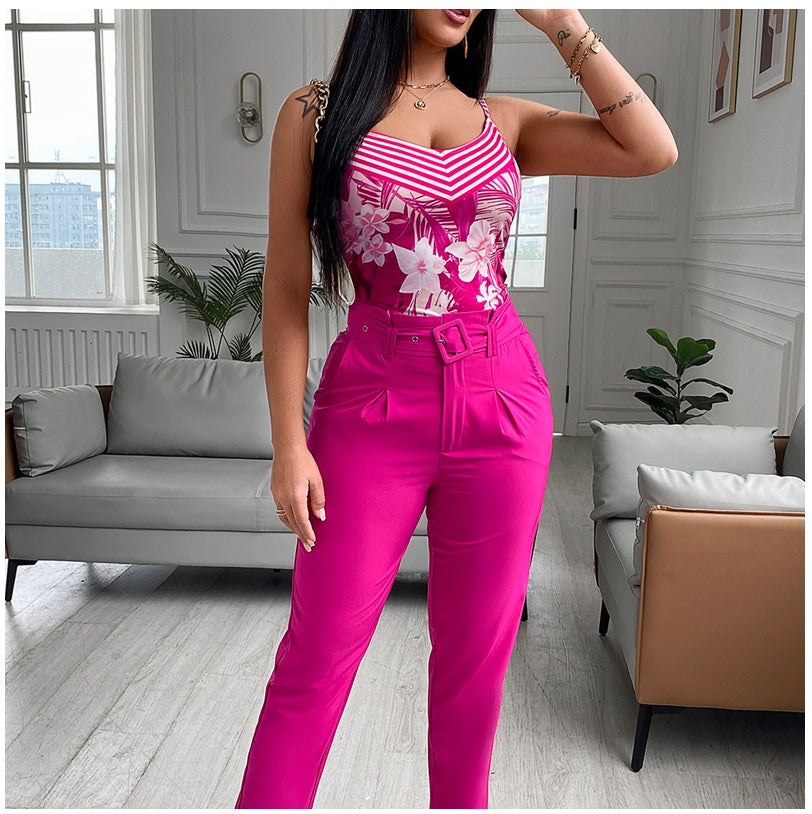 Europe And The United States New Rose Red Suspender Trousers Suit With Belt