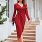 Solid Color V-neck Waist-controlled Slimming Split Long Sleeve Dress