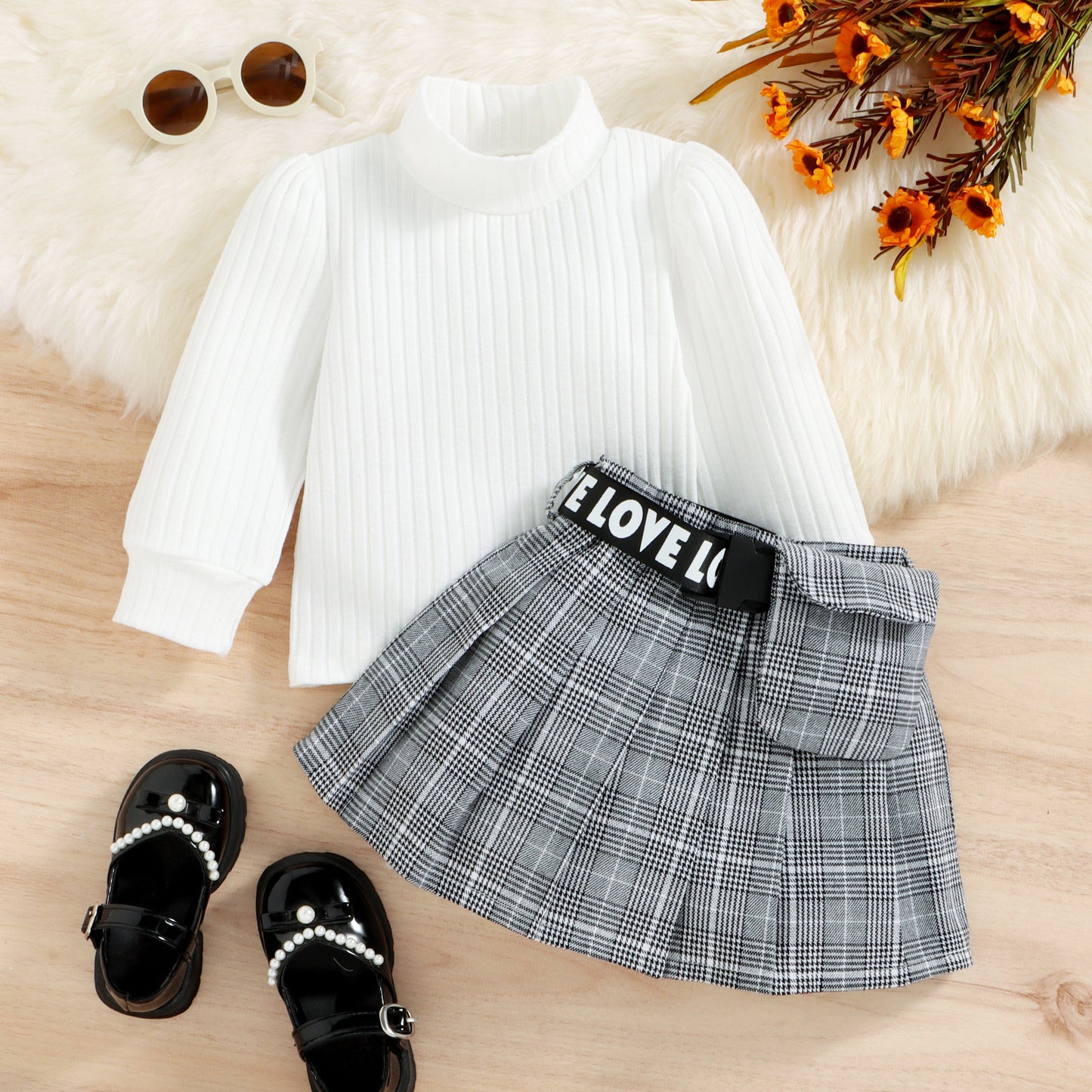 Costume à carreaux style coréen pour enfants, automne-hiver, haut à col roulé et rayures en coton