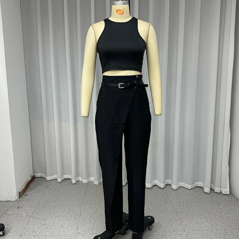 Women's Sleeveless Blouse High Waist Tight Trousers Two-piece Set
