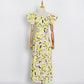 Printed Skirt Set, Square Neck Ruffle Sleeve Short Top  High Waist Drape And Large Hem Long Skirt