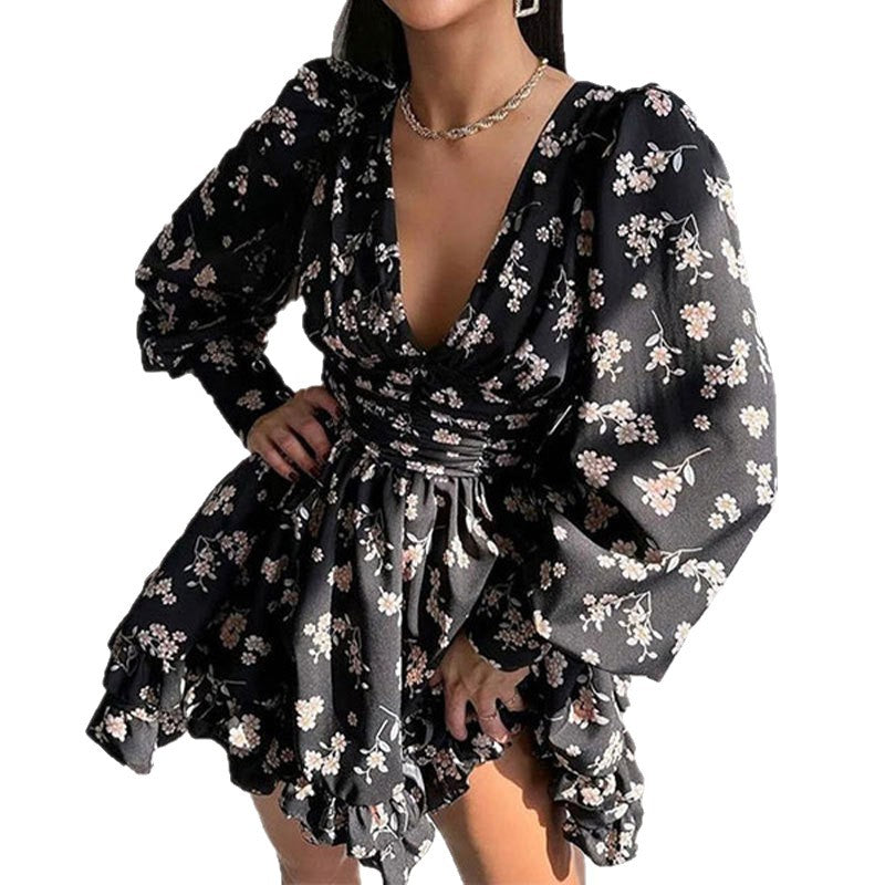 Women's Printed Puff Sleeve Waist Cinching Dress