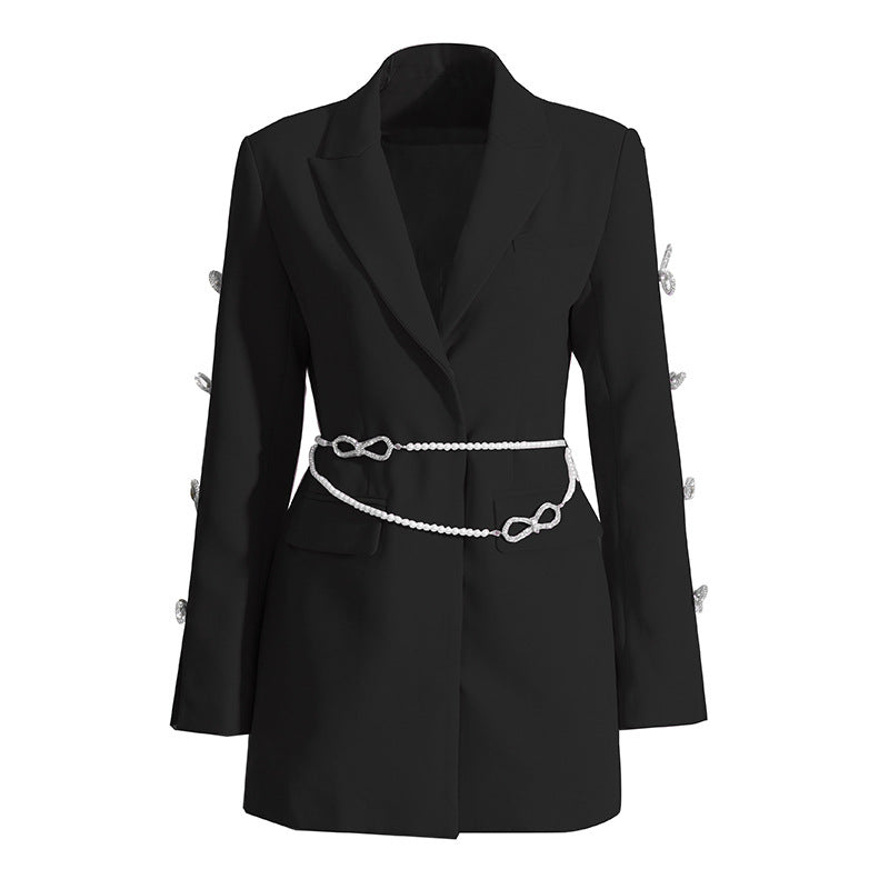 Design Sense Dignified Hollow Bow Rhinestone Sleeve Pearl Belt Business Suit And Dress