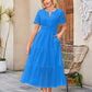 V-neck Hollow Pleated Short Sleeves Long Dress