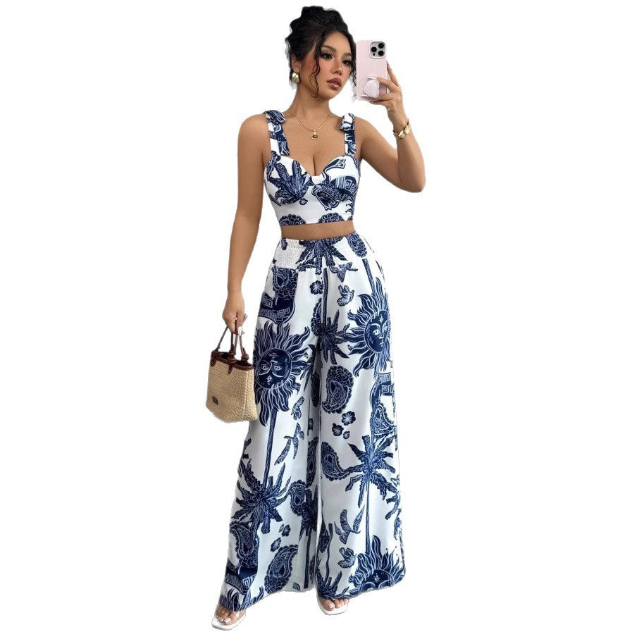 V-neck Strap Vest Loose Wide Leg Pants
