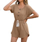 Women's Decorative Button Drawstring Slim Waist Short Sleeve Jumpsuit